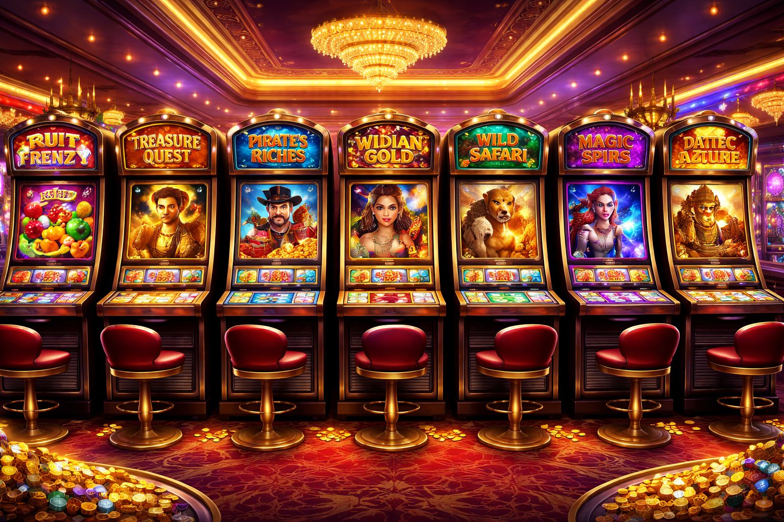 Move between classic, themed, and high-volatility slot categories